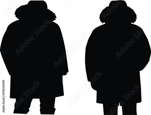Winter coat silhouettes illustration, fur hood outerwear fashion design, cold weather apparel garment style, flat vector