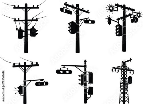 Utility poles with traffic lights and power lines silhouettes, urban infrastructure and transportation designs collection, flat vector