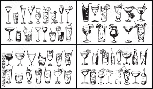 wine glass illustration, cocktail glass vector, champagne glass art, drinkware doodle design, bar items drawing, alcohol collection black and white, party glass illustration, wine poster clipart, drin