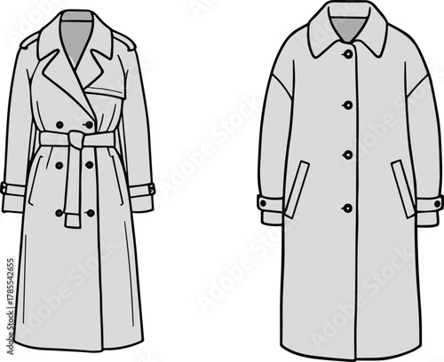 Trench coat and overcoat fashion illustration, outerwear apparel design, classic and modern garment clothing style, flat vector