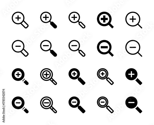 20 Zoom In and Out Icons Line and Solid style for View Control
