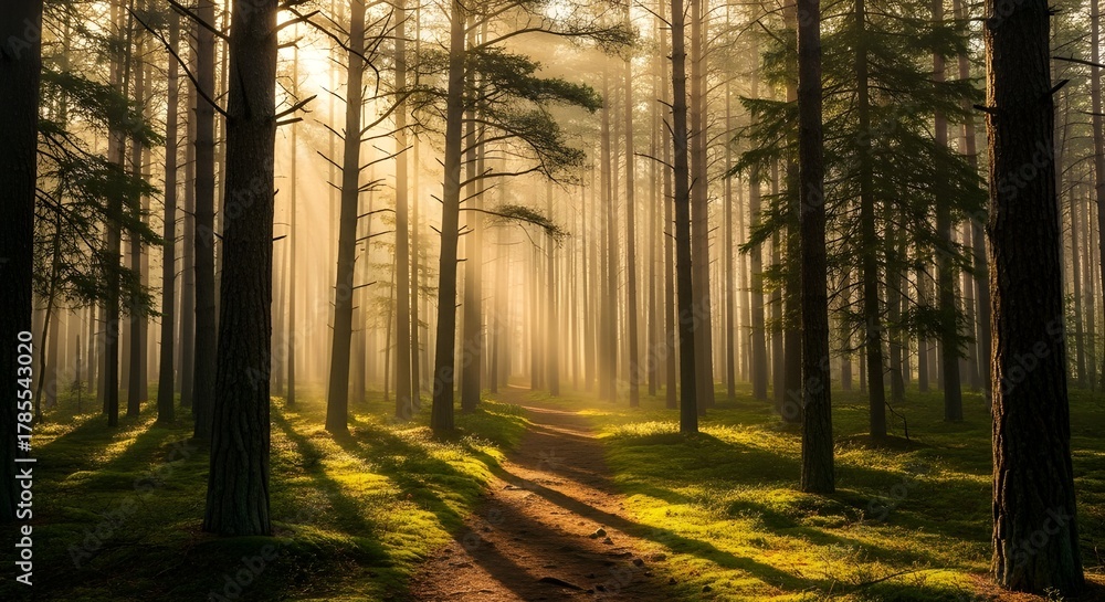 Obraz premium Sunlight streams through a tranquil forest with a path inviting exploration and peaceful reflection