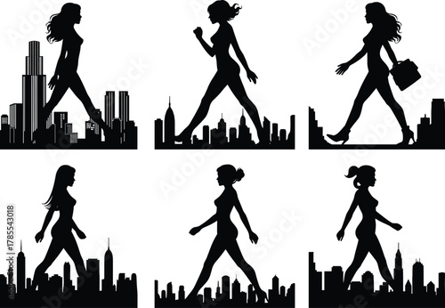 Women walking silhouettes, urban city skylines, fashion lifestyle figures, independence, modern metropolitan life flat vector