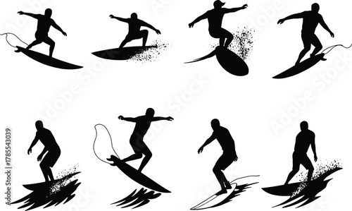 Surfers riding waves in dynamic poses, surfing maneuvers, ocean sport, beach lifestyle flat vector illustration