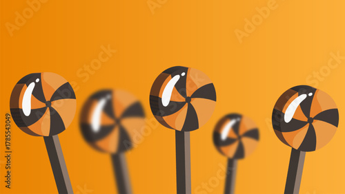 Bright orange Christmas candy lollipops with shiny 3D reflections