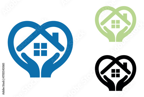 Hands cradling a house within a heart shape symbolize home care, shelter, and love.