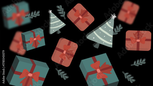 Gift boxes and Christmas trees on black festive background