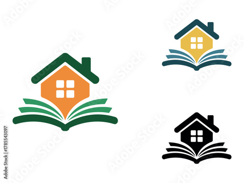 A logo design features a house atop an open book, symbolizing home and education.