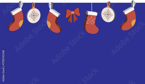 Blue Christmas background with hanging socks and festive ornaments