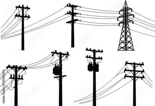 Utility poles and transmission towers silhouettes, electric power distribution infrastructure designs collection, energy grid flat vector