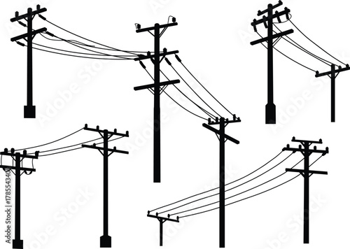Utility poles, crossarms, insulators, power lines, electricity distribution, urban infrastructure, silhouette artwork, energy system, flat vector illustration