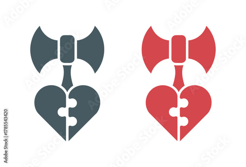 Two stylized icons of a broken heart with an axe, one grey and one red, symbolizing love and conflict.