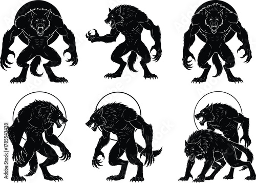Werewolf silhouette illustration, aggressive wolf man creature with claws fangs in moonlight circle background, horror artwork, flat vector