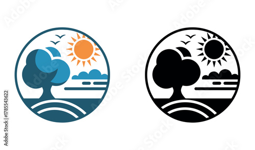 Stylized circular emblems depict a tree, sun, clouds, and birds, representing nature and environmental themes.