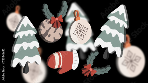 Christmas ornaments and fir trees on dark winter background