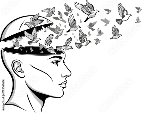 Mind's Eye Birds of Thought Symbolizing Freedom, Creativity, and Mental Exploration for Design