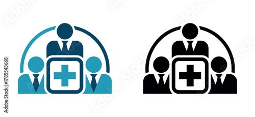 Team of professionals gathered around a medical cross symbol, representing healthcare collaboration and medical services.