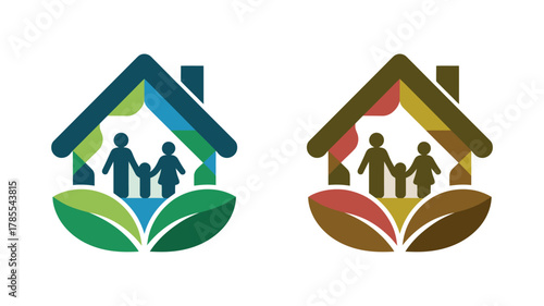 Two stylized houses with silhouettes of families and green leaves symbolize home, family, and eco-friendly living.