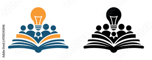 A group of people are learning from an open book with a light bulb symbolizing new ideas.