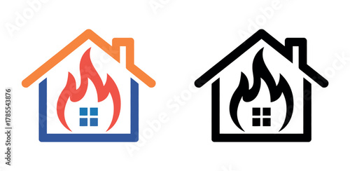 Two stylized house icons depicting flames inside, representing concepts of fire, danger, and emergencies.