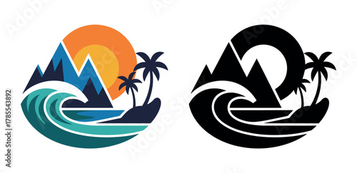 A vibrant illustration depicts a tropical paradise scene with a sun setting behind mountains, palm trees on a small island, and a crashing ocean wave.