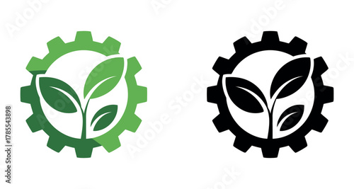 A stylized gear with green leaves growing from its center represents the concept of sustainable industry and green technology.