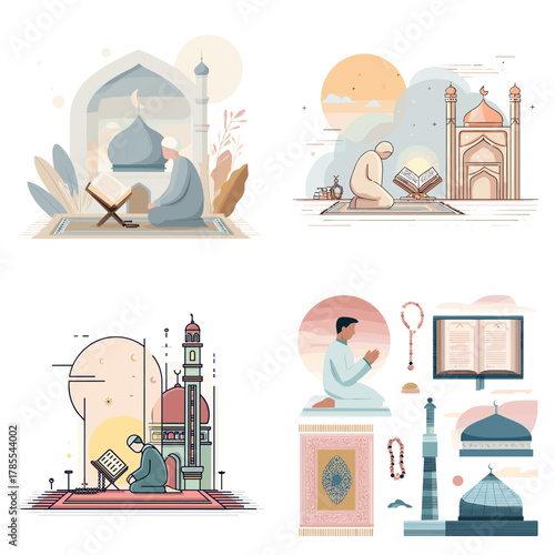 Islamic illustration set featuring people reading the Quran, mosques, prayer scenes, tasbih, and sacred elements in soft pastel tones. Ideal for Ramadan, Eid, religious education, and spiritual themes