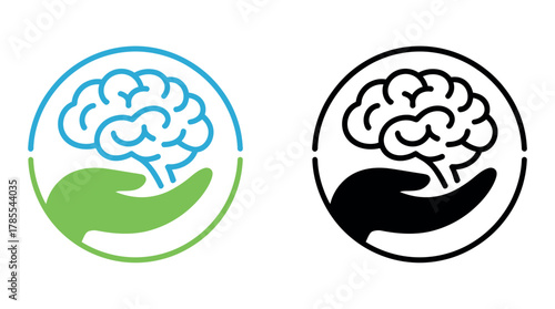 A hand cradles a human brain, symbolizing mental health awareness and care in two distinct icon styles.