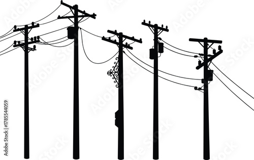Utility pole silhouettes, transformers and power lines, urban electrical distribution infrastructure, overhead cable network illustration, flat vector