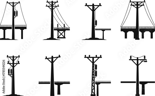 Utility poles and electrical transmission structures collection, power distribution infrastructure silhouettes, energy grid designs, flat vector