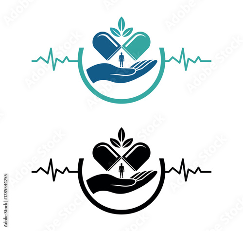 A stylized medical logo features a human silhouette held within an open capsule, resting on a cupped hand, symbolizing care and health, with ECG lines on either side.