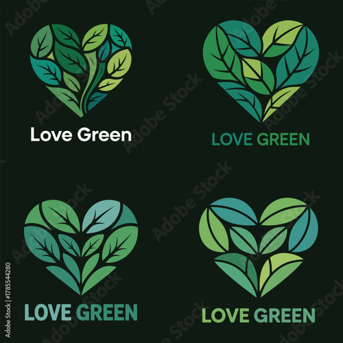 Four green heart logos with leaves and text Love Green nature