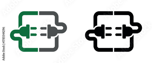 Two icons depict electrical plugs and sockets, symbolizing connection and power transfer in a simplified graphic style.