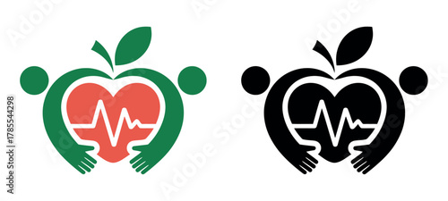 A stylized apple graphic with a heart and cardiogram inside, surrounded by two figures, representing health and well-being.