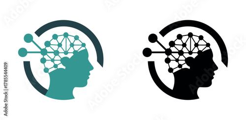 Abstract illustration of a human head profile with a neural network graphic inside, representing artificial intelligence and cognition.
