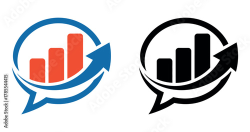 A graphic representation of a rising bar chart within a speech bubble, symbolizing business growth and communication.