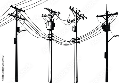 Utility poles with transformers, insulators, streetlights, and power lines silhouettes, electric distribution designs collection, flat vector