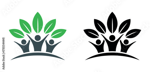 Three stylized figures with raised arms beneath green leaves represent community growth and nature.