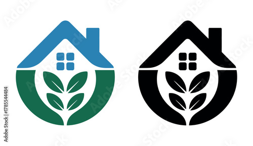 Two stylized house logos, one in blue and green, the other in black, featuring leaf motifs within their design.