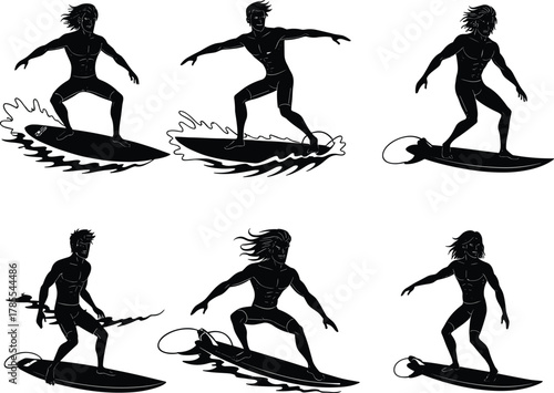 Surfers in silhouette poses with surfboards, waves, paddleboarding, ocean action, water sports dynamic flat vector