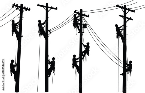 Utility workers, climbing poles, electrical line maintenance, power distribution, safety harness, urban infrastructure, silhouette artwork, flat vector illustration