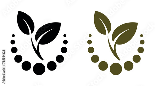 A logo featuring two stylized leaves growing from a circular arrangement of dots, symbolizing growth and nature.