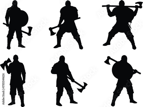 Viking warriors with axes and shields, combat poses, historical fighters, Norse culture flat vector illustration