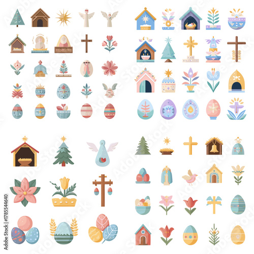 Pastel Easter and Christian icon set featuring decorated eggs, crosses, churches, flowers, doves, and nativity elements. Perfect for spring themes, holiday graphics, and religious designs.