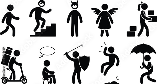 Assorted Pictogram Figures Running, Climbing Stairs, Devil, Angel, Boxes, Scooter, Seated, Warrior, Falling, Umbrella