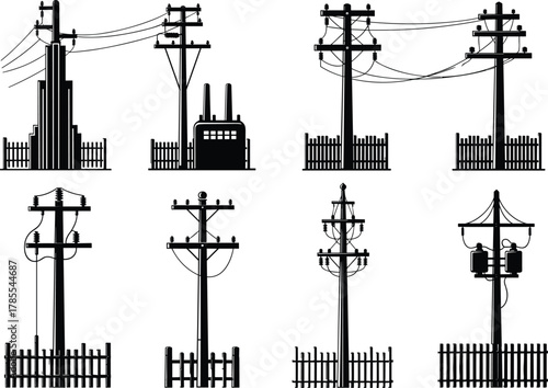 Utility poles with fences and industrial attachments silhouettes, electric power distribution infrastructure designs collection, flat vector