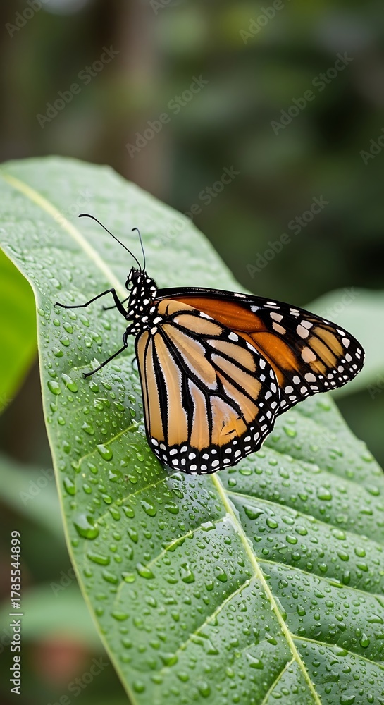 Obraz premium Monarch Butterfly Resting on a Dew-Kissed Green Leaf in Nature.