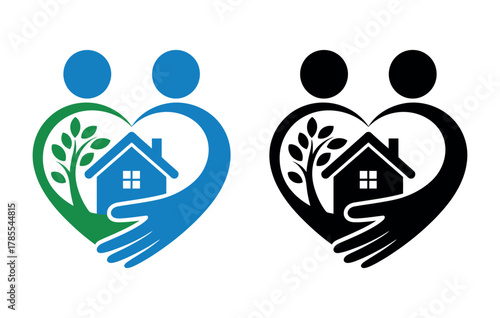Two stylized figures form a heart shape around a house and growing plant, symbolizing care and home.