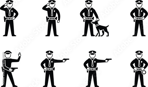Black and White Featuring Pictograms of Police Officers in Various Poses with Dog