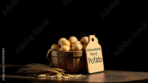 A rustic wicker basket filled with freshly harvested potatoes on rich soil at sunset, celebrating the International Day of Potato and honoring global farming, food security, and tradition.